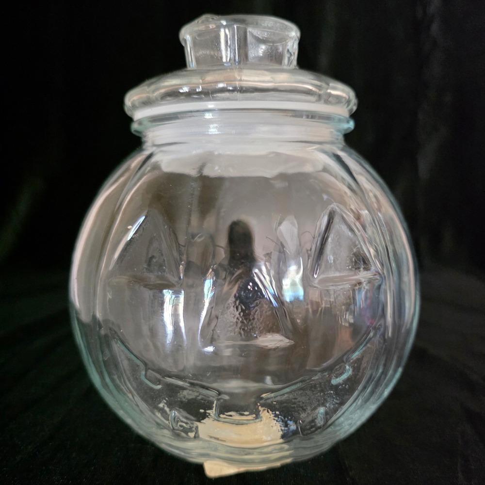 VTG Libbey Glass Pumpkin Jack O Lantern Candy Jar with Lid 75345 Clear 6.5in
